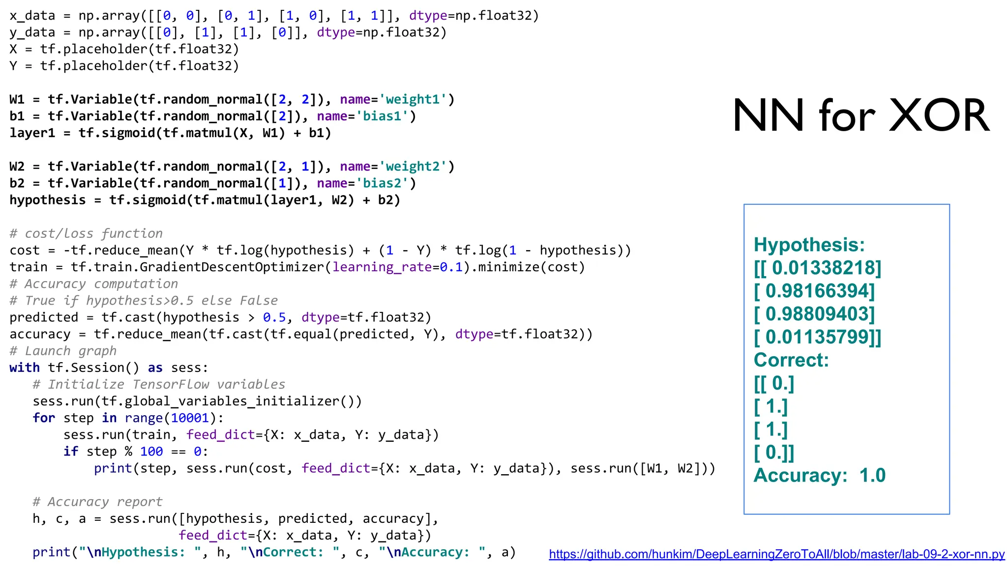 NN for XOR
x_data = np.array([[0, 0], [0, 1], [1, 0], [1, 1]], dtype=np.float32)
y_data = np.array([[0], [1], [1], [0]], dtype=np.float32)
X = tf.placeholder(tf.float32)
Y = tf.placeholder(tf.float32)
W1 = tf.Variable(tf.random_normal([2, 2]), name='weight1')
b1 = tf.Variable(tf.random_normal([2]), name='bias1')
layer1 = tf.sigmoid(tf.matmul(X, W1) + b1)
W2 = tf.Variable(tf.random_normal([2, 1]), name='weight2')
b2 = tf.Variable(tf.random_normal([1]), name='bias2')
hypothesis = tf.sigmoid(tf.matmul(layer1, W2) + b2)
# cost/loss function
cost = -tf.reduce_mean(Y * tf.log(hypothesis) + (1 - Y) * tf.log(1 - hypothesis))
train = tf.train.GradientDescentOptimizer(learning_rate=0.1).minimize(cost)
# Accuracy computation
# True if hypothesis>0.5 else False
predicted = tf.cast(hypothesis > 0.5, dtype=tf.float32)
accuracy = tf.reduce_mean(tf.cast(tf.equal(predicted, Y), dtype=tf.float32))
# Launch graph
with tf.Session() as sess:
# Initialize TensorFlow variables
sess.run(tf.global_variables_initializer())
for step in range(10001):
sess.run(train, feed_dict={X: x_data, Y: y_data})
if step % 100 == 0:
print(step, sess.run(cost, feed_dict={X: x_data, Y: y_data}), sess.run([W1, W2]))
# Accuracy report
h, c, a = sess.run([hypothesis, predicted, accuracy],
feed_dict={X: x_data, Y: y_data})
print("nHypothesis: ", h, "nCorrect: ", c, "nAccuracy: ", a)
Hypothesis:
[[ 0.01338218]
[ 0.98166394]
[ 0.98809403]
[ 0.01135799]]
Correct:
[[ 0.]
[ 1.]
[ 1.]
[ 0.]]
Accuracy: 1.0
https://github.com/hunkim/DeepLearningZeroToAll/blob/master/lab-09-2-xor-nn.py
 