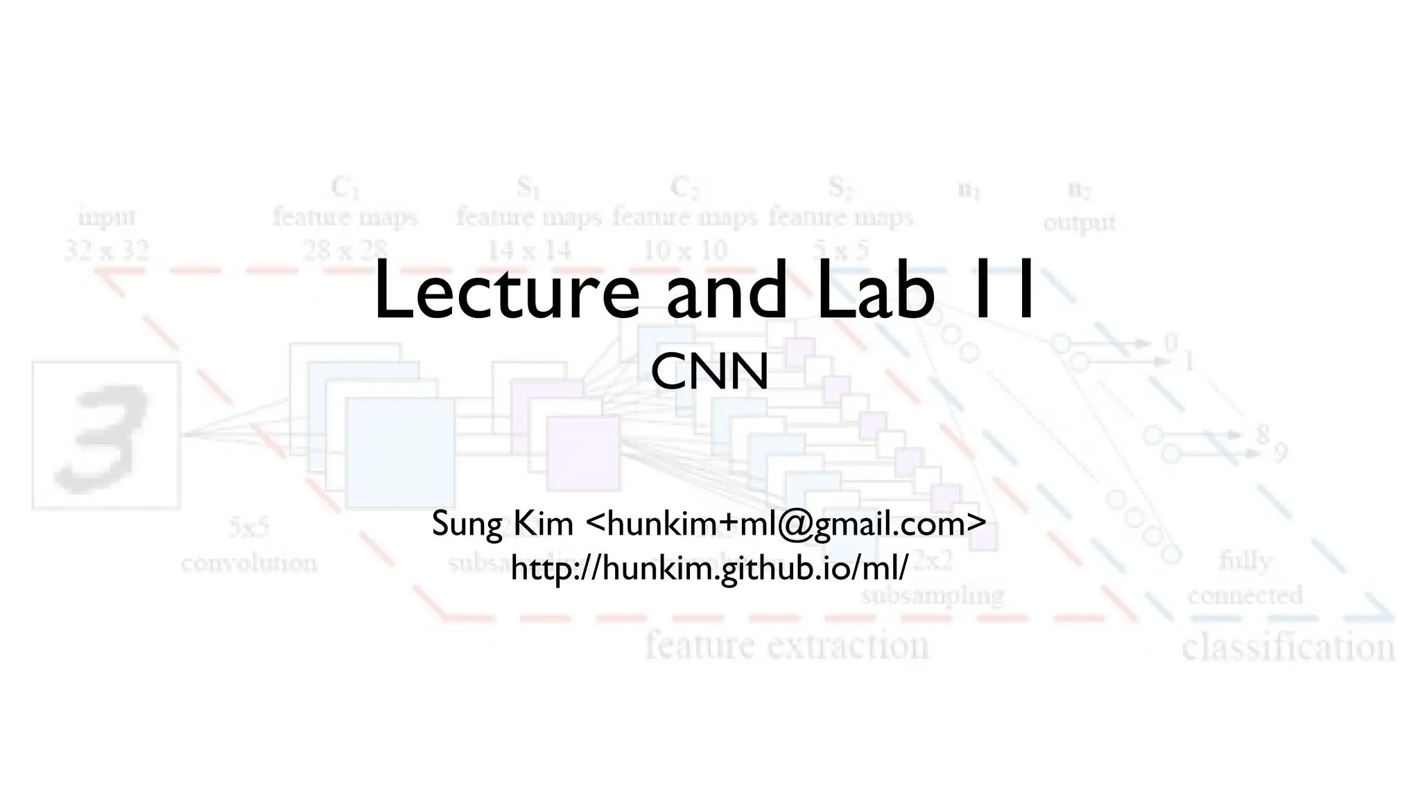 Lecture and Lab 11
CNN
Sung Kim <hunkim+ml@gmail.com>
http://hunkim.github.io/ml/
 