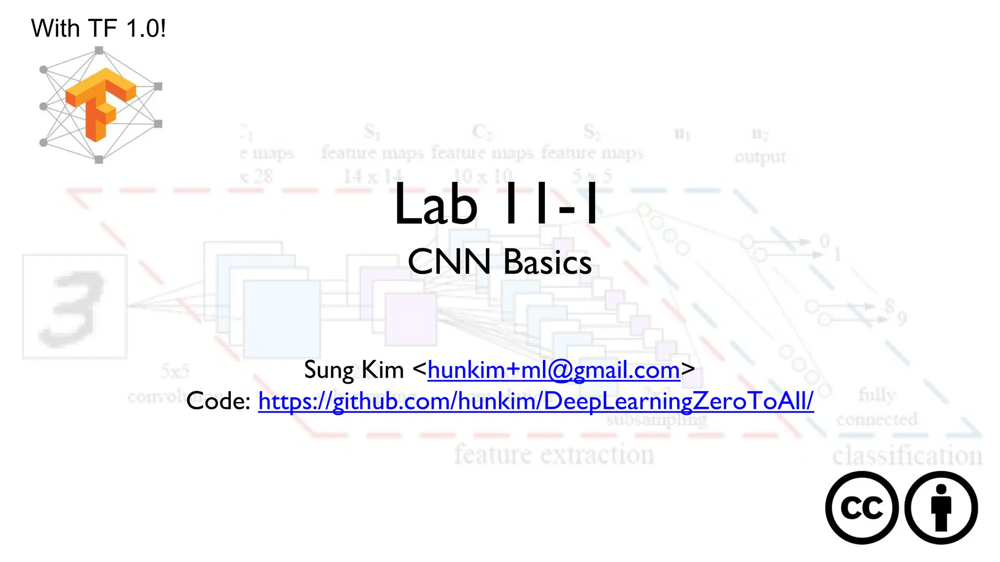 Lab 11-1
CNN Basics
Sung Kim <hunkim+ml@gmail.com>
Code: https://github.com/hunkim/DeepLearningZeroToAll/
With TF 1.0!
 