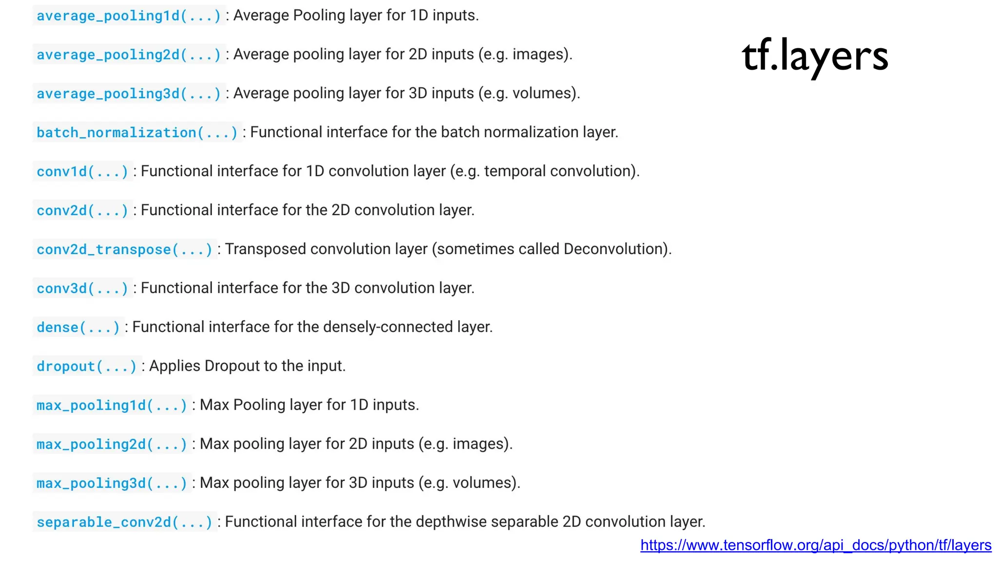 tf.layers
https://www.tensorflow.org/api_docs/python/tf/layers
 