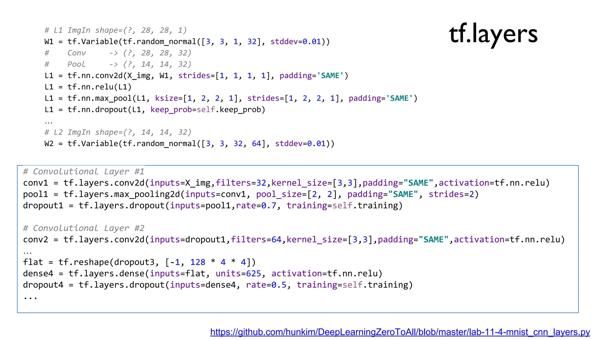 tf.layers
https://github.com/hunkim/DeepLearningZeroToAll/blob/master/lab-11-4-mnist_cnn_layers.py
# L1 ImgIn shape=(?, 28, 28, 1)
W1 = tf.Variable(tf.random_normal([3, 3, 1, 32], stddev=0.01))
# Conv -> (?, 28, 28, 32)
# Pool -> (?, 14, 14, 32)
L1 = tf.nn.conv2d(X_img, W1, strides=[1, 1, 1, 1], padding='SAME')
L1 = tf.nn.relu(L1)
L1 = tf.nn.max_pool(L1, ksize=[1, 2, 2, 1], strides=[1, 2, 2, 1], padding='SAME')
L1 = tf.nn.dropout(L1, keep_prob=self.keep_prob)
…
# L2 ImgIn shape=(?, 14, 14, 32)
W2 = tf.Variable(tf.random_normal([3, 3, 32, 64], stddev=0.01))
# Convolutional Layer #1
conv1 = tf.layers.conv2d(inputs=X_img,filters=32,kernel_size=[3,3],padding="SAME",activation=tf.nn.relu)
pool1 = tf.layers.max_pooling2d(inputs=conv1, pool_size=[2, 2], padding="SAME", strides=2)
dropout1 = tf.layers.dropout(inputs=pool1,rate=0.7, training=self.training)
# Convolutional Layer #2
conv2 = tf.layers.conv2d(inputs=dropout1,filters=64,kernel_size=[3,3],padding="SAME",activation=tf.nn.relu)
…
flat = tf.reshape(dropout3, [-1, 128 * 4 * 4])
dense4 = tf.layers.dense(inputs=flat, units=625, activation=tf.nn.relu)
dropout4 = tf.layers.dropout(inputs=dense4, rate=0.5, training=self.training)
...
 