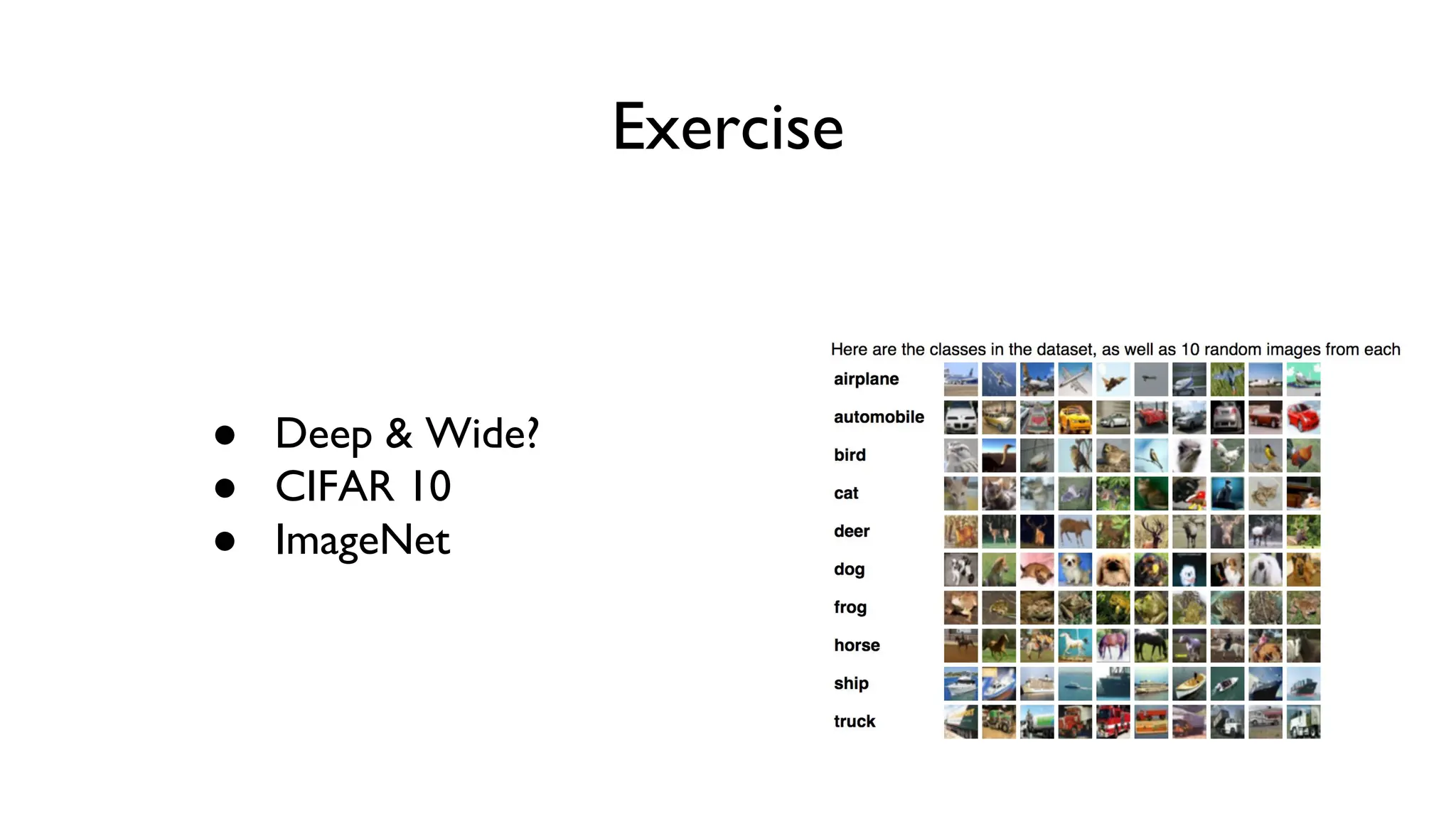 Exercise
● Deep & Wide?
● CIFAR 10
● ImageNet
 
