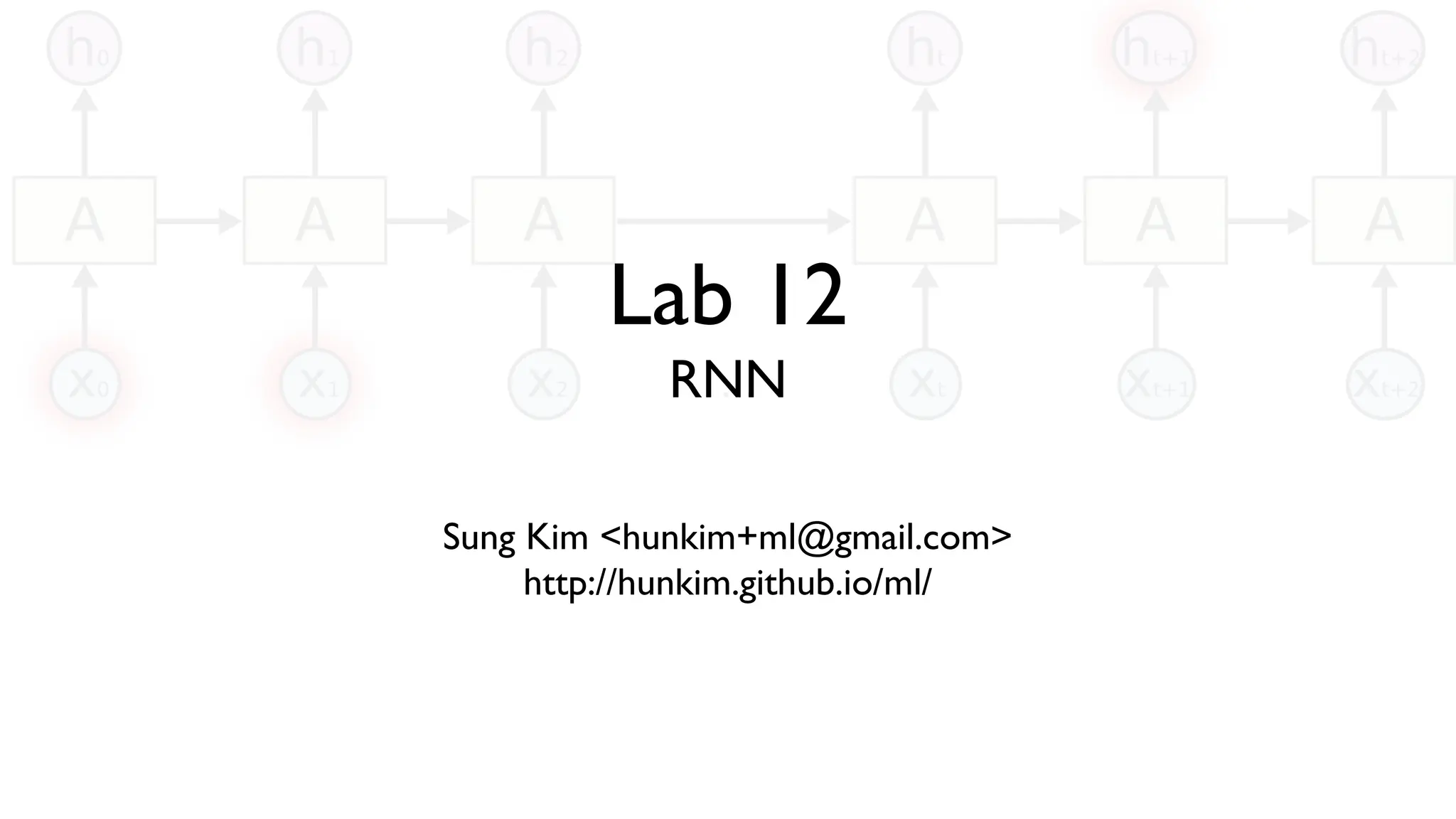 Lab 12
RNN
Sung Kim <hunkim+ml@gmail.com>
http://hunkim.github.io/ml/
 