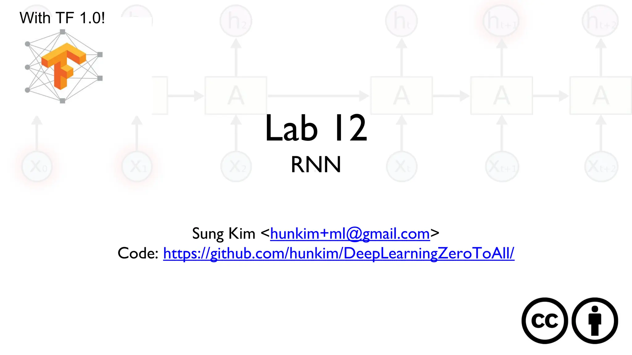 Lab 12
RNN
Sung Kim <hunkim+ml@gmail.com>
Code: https://github.com/hunkim/DeepLearningZeroToAll/
With TF 1.0!
 