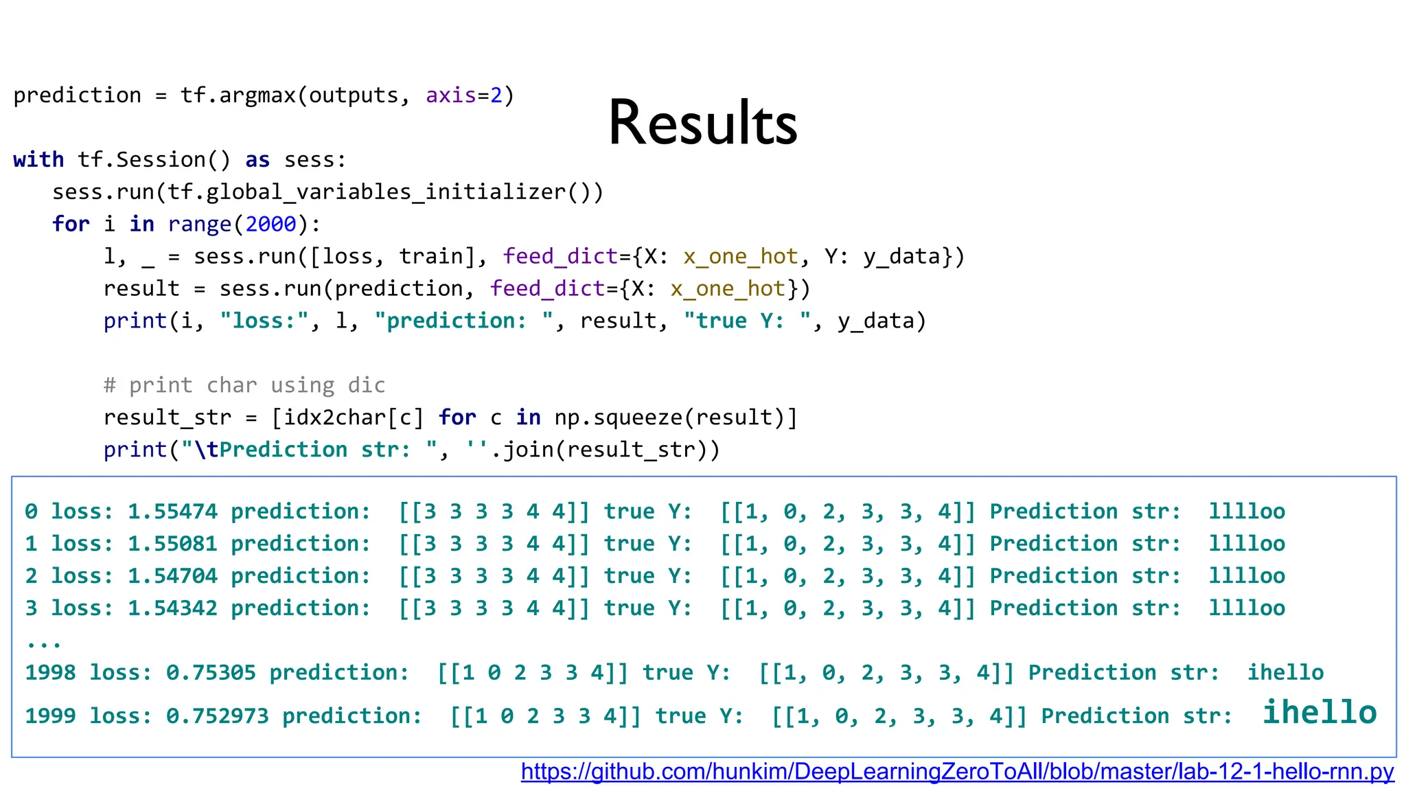 Results
prediction = tf.argmax(outputs, axis=2)
with tf.Session() as sess:
sess.run(tf.global_variables_initializer())
for i in range(2000):
l, _ = sess.run([loss, train], feed_dict={X: x_one_hot, Y: y_data})
result = sess.run(prediction, feed_dict={X: x_one_hot})
print(i, "loss:", l, "prediction: ", result, "true Y: ", y_data)
# print char using dic
result_str = [idx2char[c] for c in np.squeeze(result)]
print("tPrediction str: ", ''.join(result_str))
0 loss: 1.55474 prediction: [[3 3 3 3 4 4]] true Y: [[1, 0, 2, 3, 3, 4]] Prediction str: lllloo
1 loss: 1.55081 prediction: [[3 3 3 3 4 4]] true Y: [[1, 0, 2, 3, 3, 4]] Prediction str: lllloo
2 loss: 1.54704 prediction: [[3 3 3 3 4 4]] true Y: [[1, 0, 2, 3, 3, 4]] Prediction str: lllloo
3 loss: 1.54342 prediction: [[3 3 3 3 4 4]] true Y: [[1, 0, 2, 3, 3, 4]] Prediction str: lllloo
...
1998 loss: 0.75305 prediction: [[1 0 2 3 3 4]] true Y: [[1, 0, 2, 3, 3, 4]] Prediction str: ihello
1999 loss: 0.752973 prediction: [[1 0 2 3 3 4]] true Y: [[1, 0, 2, 3, 3, 4]] Prediction str: ihello
https://github.com/hunkim/DeepLearningZeroToAll/blob/master/lab-12-1-hello-rnn.py
 