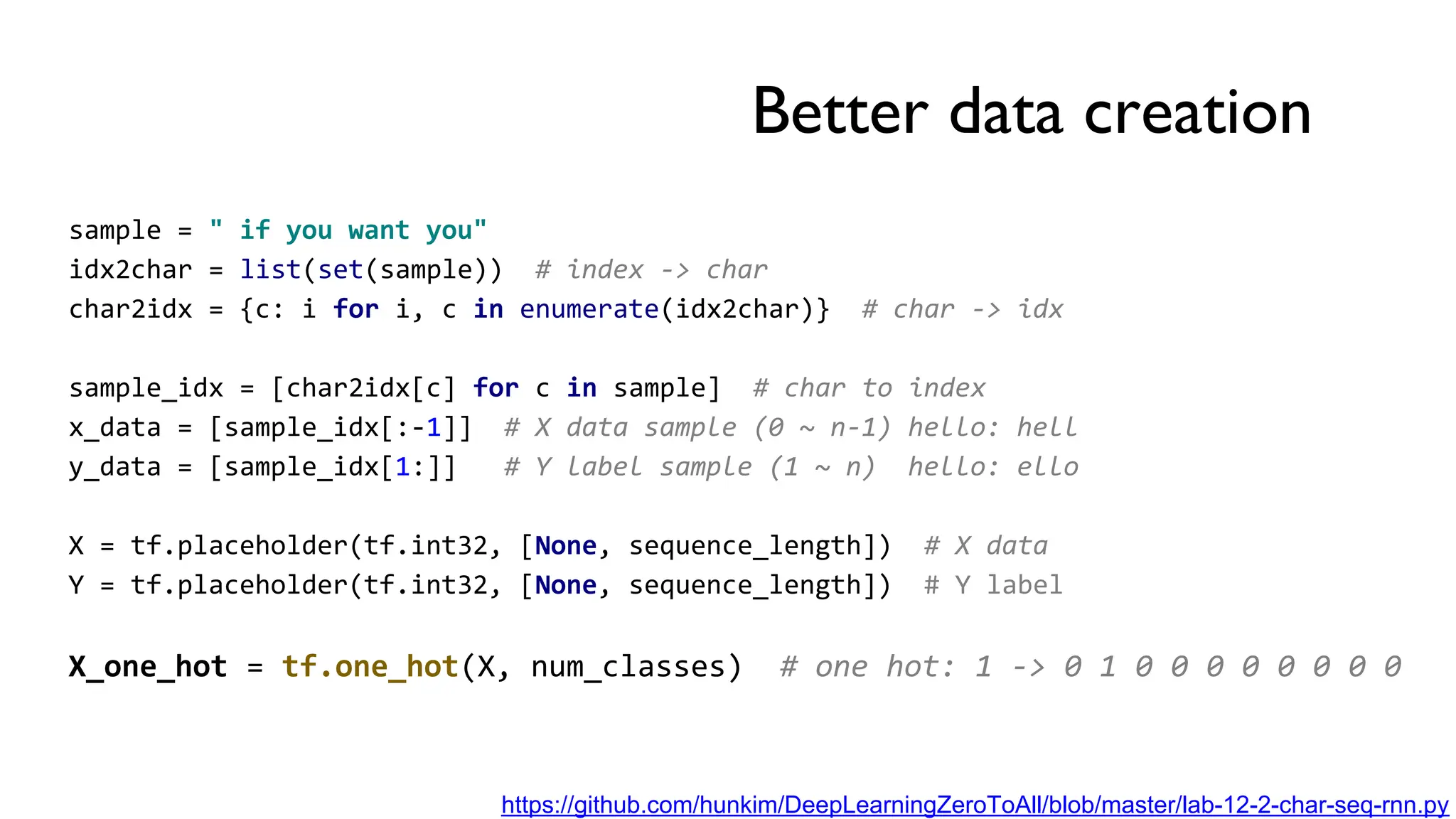 Better data creation
sample = " if you want you"
idx2char = list(set(sample)) # index -> char
char2idx = {c: i for i, c in enumerate(idx2char)} # char -> idx
sample_idx = [char2idx[c] for c in sample] # char to index
x_data = [sample_idx[:-1]] # X data sample (0 ~ n-1) hello: hell
y_data = [sample_idx[1:]] # Y label sample (1 ~ n) hello: ello
X = tf.placeholder(tf.int32, [None, sequence_length]) # X data
Y = tf.placeholder(tf.int32, [None, sequence_length]) # Y label
X_one_hot = tf.one_hot(X, num_classes) # one hot: 1 -> 0 1 0 0 0 0 0 0 0 0
https://github.com/hunkim/DeepLearningZeroToAll/blob/master/lab-12-2-char-seq-rnn.py
 