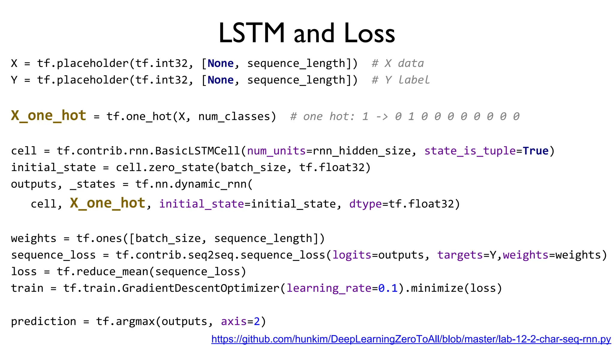 LSTM and Loss
X = tf.placeholder(tf.int32, [None, sequence_length]) # X data
Y = tf.placeholder(tf.int32, [None, sequence_length]) # Y label
X_one_hot = tf.one_hot(X, num_classes) # one hot: 1 -> 0 1 0 0 0 0 0 0 0 0
cell = tf.contrib.rnn.BasicLSTMCell(num_units=rnn_hidden_size, state_is_tuple=True)
initial_state = cell.zero_state(batch_size, tf.float32)
outputs, _states = tf.nn.dynamic_rnn(
cell, X_one_hot, initial_state=initial_state, dtype=tf.float32)
weights = tf.ones([batch_size, sequence_length])
sequence_loss = tf.contrib.seq2seq.sequence_loss(logits=outputs, targets=Y,weights=weights)
loss = tf.reduce_mean(sequence_loss)
train = tf.train.GradientDescentOptimizer(learning_rate=0.1).minimize(loss)
prediction = tf.argmax(outputs, axis=2)
https://github.com/hunkim/DeepLearningZeroToAll/blob/master/lab-12-2-char-seq-rnn.py
 