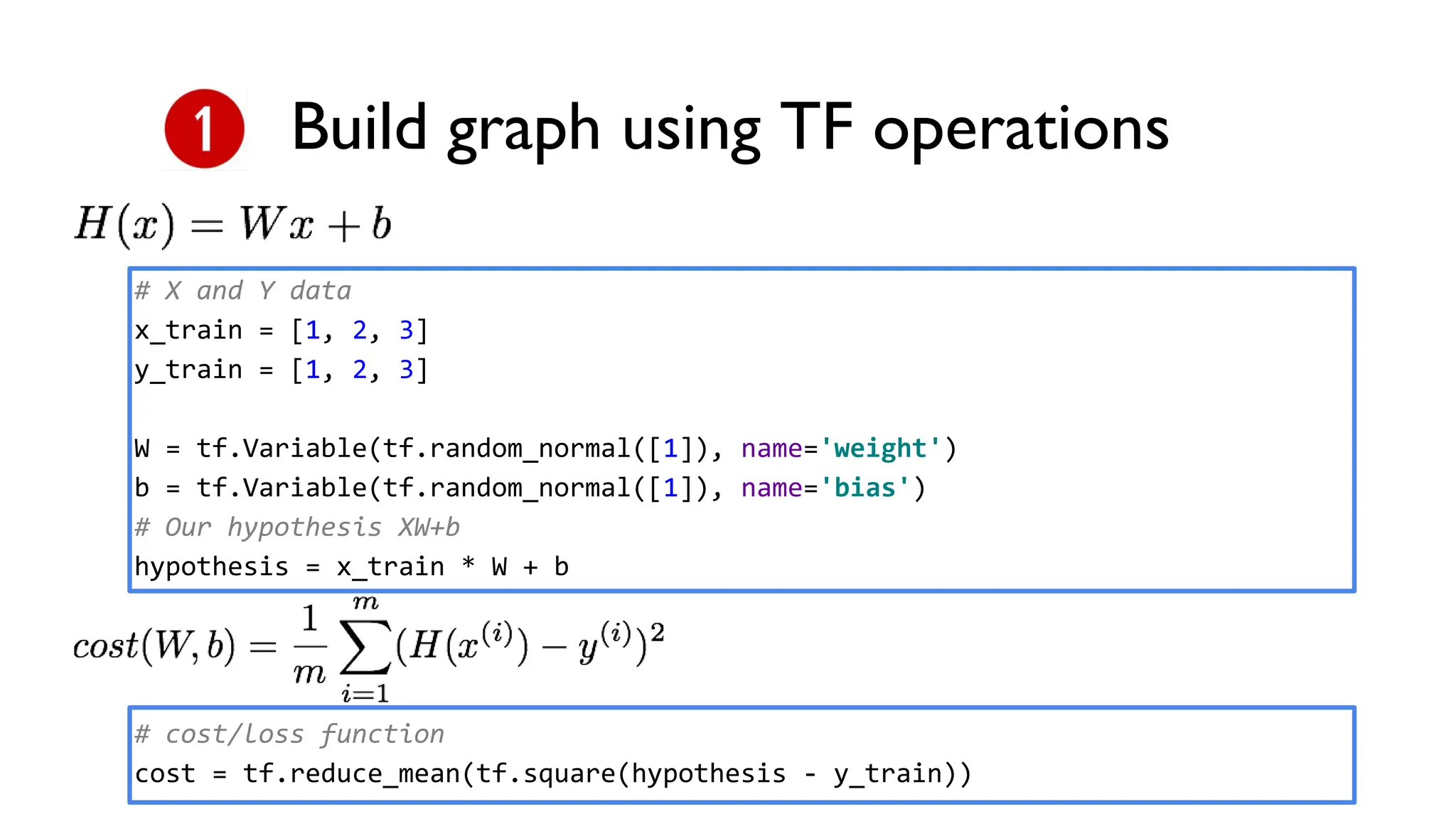 Build graph using TF operations
# X and Y data
x_train = [1, 2, 3]
y_train = [1, 2, 3]
W = tf.Variable(tf.random_normal([1]), name='weight')
b = tf.Variable(tf.random_normal([1]), name='bias')
# Our hypothesis XW+b
hypothesis = x_train * W + b
# cost/loss function
cost = tf.reduce_mean(tf.square(hypothesis - y_train))
 
