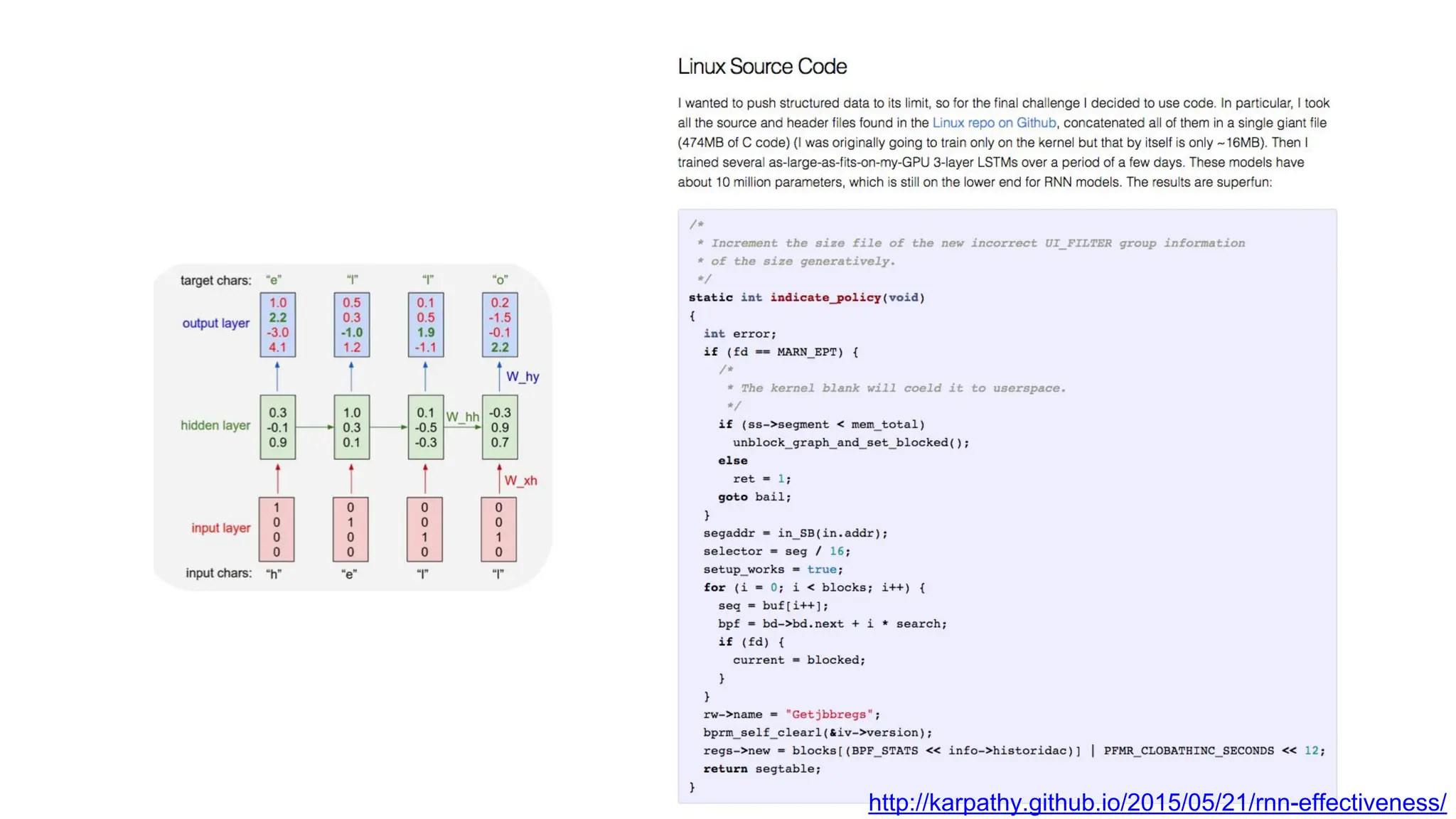 http://karpathy.github.io/2015/05/21/rnn-effectiveness/
 
