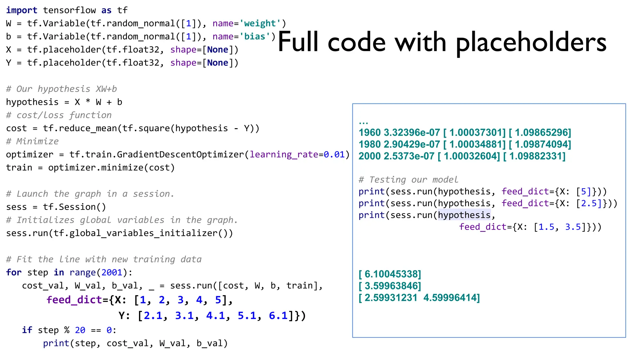 import tensorflow as tf
W = tf.Variable(tf.random_normal([1]), name='weight')
b = tf.Variable(tf.random_normal([1]), name='bias')
X = tf.placeholder(tf.float32, shape=[None])
Y = tf.placeholder(tf.float32, shape=[None])
# Our hypothesis XW+b
hypothesis = X * W + b
# cost/loss function
cost = tf.reduce_mean(tf.square(hypothesis - Y))
# Minimize
optimizer = tf.train.GradientDescentOptimizer(learning_rate=0.01)
train = optimizer.minimize(cost)
# Launch the graph in a session.
sess = tf.Session()
# Initializes global variables in the graph.
sess.run(tf.global_variables_initializer())
# Fit the line with new training data
for step in range(2001):
cost_val, W_val, b_val, _ = sess.run([cost, W, b, train],
feed_dict={X: [1, 2, 3, 4, 5],
Y: [2.1, 3.1, 4.1, 5.1, 6.1]})
if step % 20 == 0:
print(step, cost_val, W_val, b_val)
…
1960 3.32396e-07 [ 1.00037301] [ 1.09865296]
1980 2.90429e-07 [ 1.00034881] [ 1.09874094]
2000 2.5373e-07 [ 1.00032604] [ 1.09882331]
# Testing our model
print(sess.run(hypothesis, feed_dict={X: [5]}))
print(sess.run(hypothesis, feed_dict={X: [2.5]}))
print(sess.run(hypothesis,
feed_dict={X: [1.5, 3.5]}))
[ 6.10045338]
[ 3.59963846]
[ 2.59931231 4.59996414]
Full code with placeholders
 