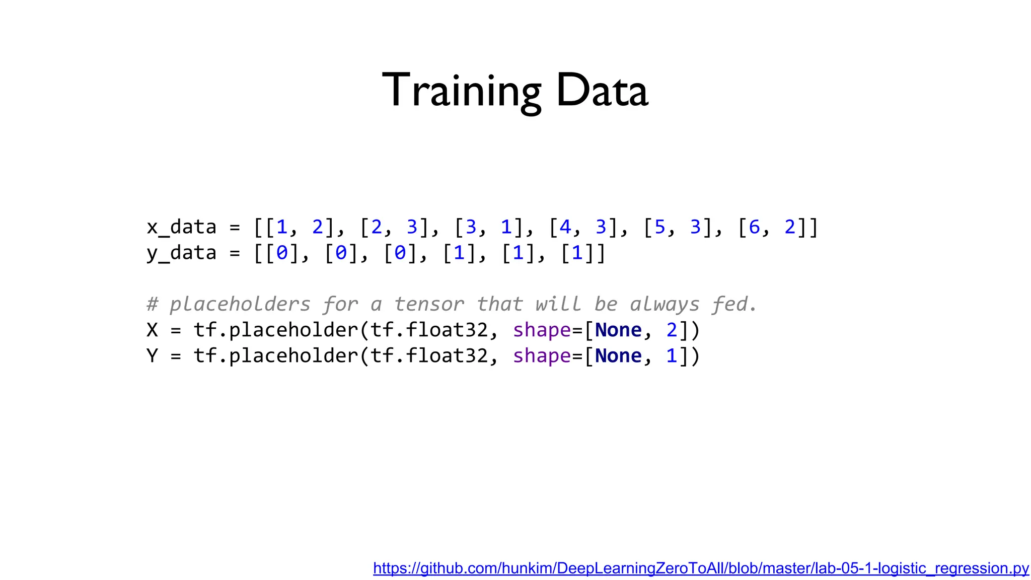 Training Data
x_data = [[1, 2], [2, 3], [3, 1], [4, 3], [5, 3], [6, 2]]
y_data = [[0], [0], [0], [1], [1], [1]]
# placeholders for a tensor that will be always fed.
X = tf.placeholder(tf.float32, shape=[None, 2])
Y = tf.placeholder(tf.float32, shape=[None, 1])
https://github.com/hunkim/DeepLearningZeroToAll/blob/master/lab-05-1-logistic_regression.py
 