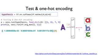 Test & one-hot encoding
# Testing & One-hot encoding
a = sess.run(hypothesis, feed_dict={X: [[1, 11, 7, 9]]})
print(a, sess.run(tf.arg_max(a, 1)))
hypothesis = tf.nn.softmax(tf.matmul(X,W)+b)
https://github.com/hunkim/DeepLearningZeroToAll/blob/master/lab-06-1-softmax_classifier.py
[[ 1.38904958e-03 9.98601854e-01 9.06129117e-06]] [1]
 