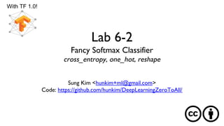 Lab 6-2
Fancy Softmax Classifier
cross_entropy, one_hot, reshape
Sung Kim <hunkim+ml@gmail.com>
Code: https://github.com/hunkim/DeepLearningZeroToAll/
With TF 1.0!
 