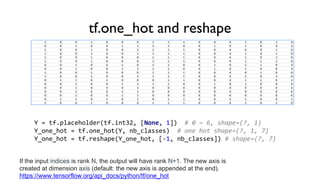 tf.one_hot and reshape
Y = tf.placeholder(tf.int32, [None, 1]) # 0 ~ 6, shape=(?, 1)
Y_one_hot = tf.one_hot(Y, nb_classes) # one hot shape=(?, 1, 7)
Y_one_hot = tf.reshape(Y_one_hot, [-1, nb_classes]) # shape=(?, 7)
If the input indices is rank N, the output will have rank N+1. The new axis is
created at dimension axis (default: the new axis is appended at the end).
https://www.tensorflow.org/api_docs/python/tf/one_hot
 