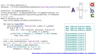 cost = tf.reduce_mean(cost_i)
optimizer = tf.train.GradientDescentOptimizer(learning_rate=0.1).minimize(cost)
prediction = tf.argmax(hypothesis, 1)
correct_prediction = tf.equal(prediction, tf.argmax(Y_one_hot, 1))
accuracy = tf.reduce_mean(tf.cast(correct_prediction, tf.float32))
# Launch graph
with tf.Session() as sess:
sess.run(tf.global_variables_initializer())
for step in range(2000):
sess.run(optimizer, feed_dict={X: x_data, Y: y_data})
if step % 100 == 0:
loss, acc = sess.run([cost, accuracy], feed_dict={
X: x_data, Y: y_data})
print("Step: {:5}tLoss: {:.3f}tAcc: {:.2%}".format(
step, loss, acc))
# Let's see if we can predict
pred = sess.run(prediction, feed_dict={X: x_data})
# y_data: (N,1) = flatten => (N, ) matches pred.shape
for p, y in zip(pred, y_data.flatten()):
print("[{}] Prediction: {} True Y: {}".
format(p == int(y), p, int(y)))
Step: 1100 Loss: 0.101 Acc: 99.01%
Step: 1200 Loss: 0.092 Acc: 100.00%
Step: 1300 Loss: 0.084 Acc: 100.00%
...
[True] Prediction: 0 True Y: 0
[True] Prediction: 0 True Y: 0
[True] Prediction: 3 True Y: 3
[True] Prediction: 0 True Y: 0
[True] Prediction: 0 True Y: 0
[True] Prediction: 0 True Y: 0
[True] Prediction: 0 True Y: 0
[True] Prediction: 3 True Y: 3
[True] Prediction: 3 True Y: 3
[True] Prediction: 0 True Y: 0
https://github.com/hunkim/DeepLearningZeroToAll/blob/master/lab-06-2-softmax_zoo_classifier.py
 