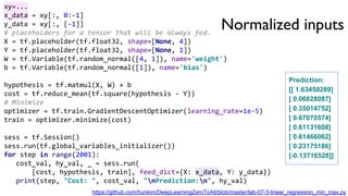 Normalized inputs
xy=...
x_data = xy[:, 0:-1]
y_data = xy[:, [-1]]
# placeholders for a tensor that will be always fed.
X = tf.placeholder(tf.float32, shape=[None, 4])
Y = tf.placeholder(tf.float32, shape=[None, 1])
W = tf.Variable(tf.random_normal([4, 1]), name='weight')
b = tf.Variable(tf.random_normal([1]), name='bias')
hypothesis = tf.matmul(X, W) + b
cost = tf.reduce_mean(tf.square(hypothesis - Y))
# Minimize
optimizer = tf.train.GradientDescentOptimizer(learning_rate=1e-5)
train = optimizer.minimize(cost)
sess = tf.Session()
sess.run(tf.global_variables_initializer())
for step in range(2001):
cost_val, hy_val, _ = sess.run(
[cost, hypothesis, train], feed_dict={X: x_data, Y: y_data})
print(step, "Cost: ", cost_val, "nPrediction:n", hy_val)
Prediction:
[[ 1.63450289]
[ 0.06628087]
[ 0.35014752]
[ 0.67070574]
[ 0.61131608]
[ 0.61466062]
[ 0.23175186]
[-0.13716528]]
https://github.com/hunkim/DeepLearningZeroToAll/blob/master/lab-07-3-linear_regression_min_max.py
 