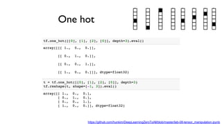 One hot
https://github.com/hunkim/DeepLearningZeroToAll/blob/master/lab-08-tensor_manipulation.ipynb
 