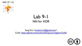 Lab 9-1
NN for XOR
Sung Kim <hunkim+ml@gmail.com>
Code: https://github.com/hunkim/DeepLearningZeroToAll/
With TF 1.0!
 