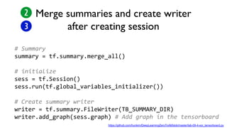 Merge summaries and create writer
after creating session
# Summary
summary = tf.summary.merge_all()
# initialize
sess = tf.Session()
sess.run(tf.global_variables_initializer())
# Create summary writer
writer = tf.summary.FileWriter(TB_SUMMARY_DIR)
writer.add_graph(sess.graph) # Add graph in the tensorboard
https://github.com/hunkim/DeepLearningZeroToAll/blob/master/lab-09-4-xor_tensorboard.py
 