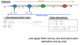 * + Sigmoid loss
w b
(2) l=o+b (3) a1
=sigmoid(l)
Derivatives (chain rule) Gate derivatives
Network forward
backward prop
a0
Given from the pre
computed derivative
Just apply them one by one and solve each
derivative one by one!
(1) o=a0
*w (4) E=loss(a1
,t)
 