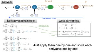 * + Sigmoid loss
w b
(2) l=o+b (3) a1
=sigmoid(l)
Derivatives (chain rule) Gate derivatives
Network forward
backward prop
a0
Given from the pre
computed derivative
Just apply them one by one and solve each
derivative one by one!
Given
(1) o=a0
*w (4) E=loss(a1
,t)
 