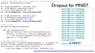 Dropout for MNIST
# dropout (keep_prob) rate 0.7 on training, but should be 1 for testing
keep_prob = tf.placeholder(tf.float32)
W1 = tf.get_variable("W1", shape=[784, 512])
b1 = tf.Variable(tf.random_normal([512]))
L1 = tf.nn.relu(tf.matmul(X, W1) + b1)
L1 = tf.nn.dropout(L1, keep_prob=keep_prob)
W2 = tf.get_variable("W2", shape=[512, 512])
b2 = tf.Variable(tf.random_normal([512]))
L2 = tf.nn.relu(tf.matmul(L1, W2) + b2)
L2 = tf.nn.dropout(L2, keep_prob=keep_prob)
…
# train my model
for epoch in range(training_epochs):
...
for i in range(total_batch):
batch_xs, batch_ys = mnist.train.next_batch(batch_size)
feed_dict = {X: batch_xs, Y: batch_ys, keep_prob: 0.7}
c, _ = sess.run([cost, optimizer], feed_dict=feed_dict)
avg_cost += c / total_batch
# Test model and check accuracy
correct_prediction = tf.equal(tf.argmax(hypothesis, 1), tf.argmax(Y, 1))
accuracy = tf.reduce_mean(tf.cast(correct_prediction, tf.float32))
print('Accuracy:', sess.run(accuracy, feed_dict={
X: mnist.test.images, Y: mnist.test.labels, keep_prob: 1}))
Epoch: 0001 cost = 0.447322626
Epoch: 0002 cost = 0.157285590
Epoch: 0003 cost = 0.121884535
Epoch: 0004 cost = 0.098128681
Epoch: 0005 cost = 0.082901778
Epoch: 0006 cost = 0.075337573
Epoch: 0007 cost = 0.069752543
Epoch: 0008 cost = 0.060884363
Epoch: 0009 cost = 0.055276413
Epoch: 0010 cost = 0.054631256
Epoch: 0011 cost = 0.049675195
Epoch: 0012 cost = 0.049125314
Epoch: 0013 cost = 0.047231930
Epoch: 0014 cost = 0.041290121
Epoch: 0015 cost = 0.043621063
Learning Finished!
Accuracy: 0.9804!!
https://github.com/hunkim/DeepLearningZeroToAll/blob/master/lab-10-5-mnist_nn_dropout.py
 