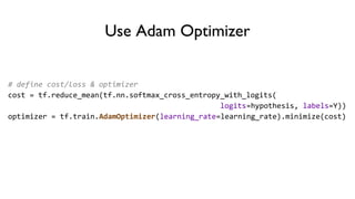 Use Adam Optimizer
# define cost/loss & optimizer
cost = tf.reduce_mean(tf.nn.softmax_cross_entropy_with_logits(
logits=hypothesis, labels=Y))
optimizer = tf.train.AdamOptimizer(learning_rate=learning_rate).minimize(cost)
 