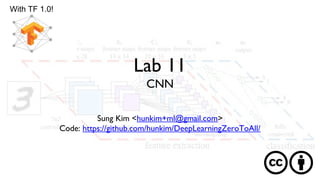 Lab 11
CNN
Sung Kim <hunkim+ml@gmail.com>
Code: https://github.com/hunkim/DeepLearningZeroToAll/
With TF 1.0!
 
