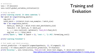Training and
Evaluation
https://github.com/hunkim/DeepLearningZeroToAll/blob/master/lab-11-1-mnist_cnn.py
# initialize
sess = tf.Session()
sess.run(tf.global_variables_initializer())
# train my model
print('Learning stared. It takes sometime.')
for epoch in range(training_epochs):
avg_cost = 0
total_batch = int(mnist.train.num_examples / batch_size)
for i in range(total_batch):
batch_xs, batch_ys = mnist.train.next_batch(batch_size)
feed_dict = {X: batch_xs, Y: batch_ys}
c, _, = sess.run([cost, optimizer], feed_dict=feed_dict)
avg_cost += c / total_batch
print('Epoch:', '%04d' % (epoch + 1), 'cost =', '{:.9f}'.format(avg_cost))
print('Learning Finished!')
# Test model and check accuracy
correct_prediction = tf.equal(tf.argmax(hypothesis, 1), tf.argmax(Y, 1))
accuracy = tf.reduce_mean(tf.cast(correct_prediction, tf.float32))
print('Accuracy:', sess.run(accuracy, feed_dict={X: mnist.test.images, Y: mnist.test.labels}))
 