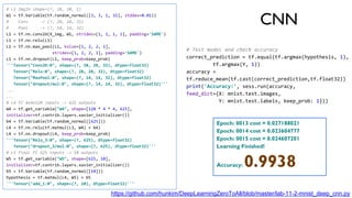 CNN
https://github.com/hunkim/DeepLearningZeroToAll/blob/master/lab-11-2-mnist_deep_cnn.py
# L1 ImgIn shape=(?, 28, 28, 1)
W1 = tf.Variable(tf.random_normal([3, 3, 1, 32], stddev=0.01))
# Conv -> (?, 28, 28, 32)
# Pool -> (?, 14, 14, 32)
L1 = tf.nn.conv2d(X_img, W1, strides=[1, 1, 1, 1], padding='SAME')
L1 = tf.nn.relu(L1)
L1 = tf.nn.max_pool(L1, ksize=[1, 2, 2, 1],
strides=[1, 2, 2, 1], padding='SAME')
L1 = tf.nn.dropout(L1, keep_prob=keep_prob)
'''Tensor("Conv2D:0", shape=(?, 28, 28, 32), dtype=float32)
Tensor("Relu:0", shape=(?, 28, 28, 32), dtype=float32)
Tensor("MaxPool:0", shape=(?, 14, 14, 32), dtype=float32)
Tensor("dropout/mul:0", shape=(?, 14, 14, 32), dtype=float32)'''
...
...
# L4 FC 4x4x128 inputs -> 625 outputs
W4 = tf.get_variable("W4", shape=[128 * 4 * 4, 625],
initializer=tf.contrib.layers.xavier_initializer())
b4 = tf.Variable(tf.random_normal([625]))
L4 = tf.nn.relu(tf.matmul(L3, W4) + b4)
L4 = tf.nn.dropout(L4, keep_prob=keep_prob)
'''Tensor("Relu_3:0", shape=(?, 625), dtype=float32)
Tensor("dropout_3/mul:0", shape=(?, 625), dtype=float32)'''
# L5 Final FC 625 inputs -> 10 outputs
W5 = tf.get_variable("W5", shape=[625, 10],
initializer=tf.contrib.layers.xavier_initializer())
b5 = tf.Variable(tf.random_normal([10]))
hypothesis = tf.matmul(L4, W5) + b5
'''Tensor("add_1:0", shape=(?, 10), dtype=float32)'''
# Test model and check accuracy
correct_prediction = tf.equal(tf.argmax(hypothesis, 1),
tf.argmax(Y, 1))
accuracy =
tf.reduce_mean(tf.cast(correct_prediction,tf.float32))
print('Accuracy:', sess.run(accuracy,
feed_dict={X: mnist.test.images,
Y: mnist.test.labels, keep_prob: 1}))
Epoch: 0013 cost = 0.027188021
Epoch: 0014 cost = 0.023604777
Epoch: 0015 cost = 0.024607201
Learning Finished!
Accuracy: 0.9938
 