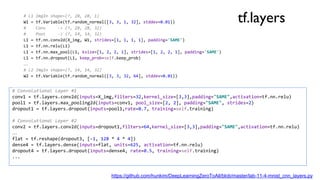 tf.layers
https://github.com/hunkim/DeepLearningZeroToAll/blob/master/lab-11-4-mnist_cnn_layers.py
# L1 ImgIn shape=(?, 28, 28, 1)
W1 = tf.Variable(tf.random_normal([3, 3, 1, 32], stddev=0.01))
# Conv -> (?, 28, 28, 32)
# Pool -> (?, 14, 14, 32)
L1 = tf.nn.conv2d(X_img, W1, strides=[1, 1, 1, 1], padding='SAME')
L1 = tf.nn.relu(L1)
L1 = tf.nn.max_pool(L1, ksize=[1, 2, 2, 1], strides=[1, 2, 2, 1], padding='SAME')
L1 = tf.nn.dropout(L1, keep_prob=self.keep_prob)
…
# L2 ImgIn shape=(?, 14, 14, 32)
W2 = tf.Variable(tf.random_normal([3, 3, 32, 64], stddev=0.01))
# Convolutional Layer #1
conv1 = tf.layers.conv2d(inputs=X_img,filters=32,kernel_size=[3,3],padding="SAME",activation=tf.nn.relu)
pool1 = tf.layers.max_pooling2d(inputs=conv1, pool_size=[2, 2], padding="SAME", strides=2)
dropout1 = tf.layers.dropout(inputs=pool1,rate=0.7, training=self.training)
# Convolutional Layer #2
conv2 = tf.layers.conv2d(inputs=dropout1,filters=64,kernel_size=[3,3],padding="SAME",activation=tf.nn.relu)
…
flat = tf.reshape(dropout3, [-1, 128 * 4 * 4])
dense4 = tf.layers.dense(inputs=flat, units=625, activation=tf.nn.relu)
dropout4 = tf.layers.dropout(inputs=dense4, rate=0.5, training=self.training)
...
 