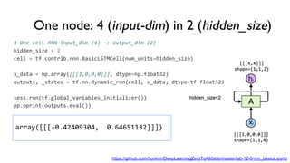 # One cell RNN input_dim (4) -> output_dim (2)
hidden_size = 2
cell = tf.contrib.rnn.BasicLSTMCell(num_units=hidden_size)
x_data = np.array([[[1,0,0,0]]], dtype=np.float32)
outputs, _states = tf.nn.dynamic_rnn(cell, x_data, dtype=tf.float32)
sess.run(tf.global_variables_initializer())
pp.pprint(outputs.eval())
array([[[-0.42409304, 0.64651132]]])
https://github.com/hunkim/DeepLearningZeroToAll/blob/master/lab-12-0-rnn_basics.ipynb
One node: 4 (input-dim) in 2 (hidden_size)
 