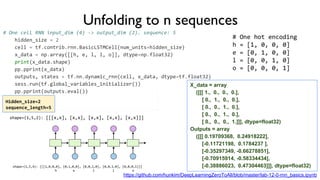 Unfolding to n sequences
# One cell RNN input_dim (4) -> output_dim (2). sequence: 5
hidden_size = 2
cell = tf.contrib.rnn.BasicLSTMCell(num_units=hidden_size)
x_data = np.array([[h, e, l, l, o]], dtype=np.float32)
print(x_data.shape)
pp.pprint(x_data)
outputs, states = tf.nn.dynamic_rnn(cell, x_data, dtype=tf.float32)
sess.run(tf.global_variables_initializer())
pp.pprint(outputs.eval())
X_data = array
([[[ 1., 0., 0., 0.],
[ 0., 1., 0., 0.],
[ 0., 0., 1., 0.],
[ 0., 0., 1., 0.],
[ 0., 0., 0., 1.]]], dtype=float32)
Outputs = array
([[[ 0.19709368, 0.24918222],
[-0.11721198, 0.1784237 ],
[-0.35297349, -0.66278851],
[-0.70915914, -0.58334434],
[-0.38886023, 0.47304463]]], dtype=float32)
https://github.com/hunkim/DeepLearningZeroToAll/blob/master/lab-12-0-rnn_basics.ipynb
Hidden_size=2
sequence_length=5
 