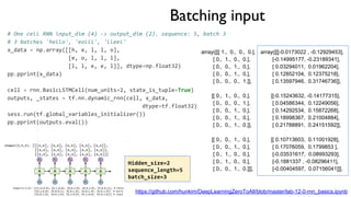 Batching input
# One cell RNN input_dim (4) -> output_dim (2). sequence: 5, batch 3
# 3 batches 'hello', 'eolll', 'lleel'
x_data = np.array([[h, e, l, l, o],
[e, o, l, l, l],
[l, l, e, e, l]], dtype=np.float32)
pp.pprint(x_data)
cell = rnn.BasicLSTMCell(num_units=2, state_is_tuple=True)
outputs, _states = tf.nn.dynamic_rnn(cell, x_data,
dtype=tf.float32)
sess.run(tf.global_variables_initializer())
pp.pprint(outputs.eval())
array([[[ 1., 0., 0., 0.],
[ 0., 1., 0., 0.],
[ 0., 0., 1., 0.],
[ 0., 0., 1., 0.],
[ 0., 0., 0., 1.]],
[[ 0., 1., 0., 0.],
[ 0., 0., 0., 1.],
[ 0., 0., 1., 0.],
[ 0., 0., 1., 0.],
[ 0., 0., 1., 0.]],
[[ 0., 0., 1., 0.],
[ 0., 0., 1., 0.],
[ 0., 1., 0., 0.],
[ 0., 1., 0., 0.],
[ 0., 0., 1., 0.]]],
array([[[-0.0173022 , -0.12929453],
[-0.14995177, -0.23189341],
[ 0.03294011, 0.01962204],
[ 0.12852104, 0.12375218],
[ 0.13597946, 0.31746736]],
[[-0.15243632, -0.14177315],
[ 0.04586344, 0.12249056],
[ 0.14292534, 0.15872268],
[ 0.18998367, 0.21004884],
[ 0.21788891, 0.24151592]],
[[ 0.10713603, 0.11001928],
[ 0.17076059, 0.1799853 ],
[-0.03531617, 0.08993293],
[-0.1881337 , -0.08296411],
[-0.00404597, 0.07156041]]],
https://github.com/hunkim/DeepLearningZeroToAll/blob/master/lab-12-0-rnn_basics.ipynb
Hidden_size=2
sequence_length=5
batch_size=3
 