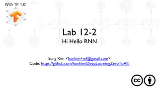 Lab 12-2
Hi Hello RNN
Sung Kim <hunkim+ml@gmail.com>
Code: https://github.com/hunkim/DeepLearningZeroToAll/
With TF 1.0!
 