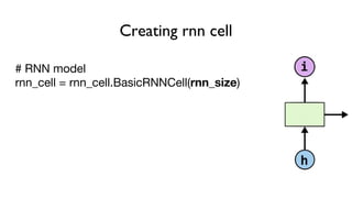 Creating rnn cell
# RNN model
rnn_cell = rnn_cell.BasicRNNCell(rnn_size)
rnn_cell = rnn_cell. BasicLSTMCell(rnn_size)
rnn_cell = rnn_cell. GRUCell(rnn_size)
 