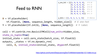 Feed to RNN
X = tf.placeholder(
tf.float32, [None, sequence_length, hidden_size]) # X one-hot
Y = tf.placeholder(tf.int32, [None, sequence_length]) # Y label
cell = tf.contrib.rnn.BasicLSTMCell(num_units=hidden_size,
state_is_tuple=True)
initial_state = cell.zero_state(batch_size, tf.float32)
outputs, _states = tf.nn.dynamic_rnn(
cell, X, initial_state=initial_state, dtype=tf.float32)
https://github.com/hunkim/DeepLearningZeroToAll/blob/master/lab-12-1-hello-rnn.py
x_one_hot = [[[1, 0, 0, 0, 0], # h 0
[0, 1, 0, 0, 0], # i 1
[1, 0, 0, 0, 0], # h 0
[0, 0, 1, 0, 0], # e 2
[0, 0, 0, 1, 0], # l 3
[0, 0, 0, 1, 0]]] # l 3
y_data = [[1, 0, 2, 3, 3, 4]] # ihello
 