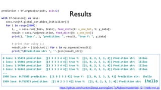 Results
prediction = tf.argmax(outputs, axis=2)
with tf.Session() as sess:
sess.run(tf.global_variables_initializer())
for i in range(2000):
l, _ = sess.run([loss, train], feed_dict={X: x_one_hot, Y: y_data})
result = sess.run(prediction, feed_dict={X: x_one_hot})
print(i, "loss:", l, "prediction: ", result, "true Y: ", y_data)
# print char using dic
result_str = [idx2char[c] for c in np.squeeze(result)]
print("tPrediction str: ", ''.join(result_str))
0 loss: 1.55474 prediction: [[3 3 3 3 4 4]] true Y: [[1, 0, 2, 3, 3, 4]] Prediction str: lllloo
1 loss: 1.55081 prediction: [[3 3 3 3 4 4]] true Y: [[1, 0, 2, 3, 3, 4]] Prediction str: lllloo
2 loss: 1.54704 prediction: [[3 3 3 3 4 4]] true Y: [[1, 0, 2, 3, 3, 4]] Prediction str: lllloo
3 loss: 1.54342 prediction: [[3 3 3 3 4 4]] true Y: [[1, 0, 2, 3, 3, 4]] Prediction str: lllloo
...
1998 loss: 0.75305 prediction: [[1 0 2 3 3 4]] true Y: [[1, 0, 2, 3, 3, 4]] Prediction str: ihello
1999 loss: 0.752973 prediction: [[1 0 2 3 3 4]] true Y: [[1, 0, 2, 3, 3, 4]] Prediction str: ihello
https://github.com/hunkim/DeepLearningZeroToAll/blob/master/lab-12-1-hello-rnn.py
 