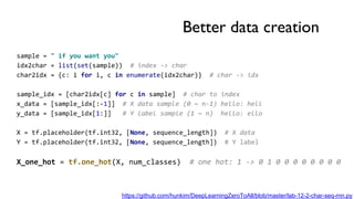 Better data creation
sample = " if you want you"
idx2char = list(set(sample)) # index -> char
char2idx = {c: i for i, c in enumerate(idx2char)} # char -> idx
sample_idx = [char2idx[c] for c in sample] # char to index
x_data = [sample_idx[:-1]] # X data sample (0 ~ n-1) hello: hell
y_data = [sample_idx[1:]] # Y label sample (1 ~ n) hello: ello
X = tf.placeholder(tf.int32, [None, sequence_length]) # X data
Y = tf.placeholder(tf.int32, [None, sequence_length]) # Y label
X_one_hot = tf.one_hot(X, num_classes) # one hot: 1 -> 0 1 0 0 0 0 0 0 0 0
https://github.com/hunkim/DeepLearningZeroToAll/blob/master/lab-12-2-char-seq-rnn.py
 