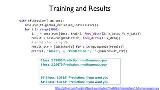 Training and Results
with tf.Session() as sess:
sess.run(tf.global_variables_initializer())
for i in range(3000):
l, _ = sess.run([loss, train], feed_dict={X: x_data, Y: y_data})
result = sess.run(prediction, feed_dict={X: x_data})
# print char using dic
result_str = [idx2char[c] for c in np.squeeze(result)]
print(i, "loss:", l, "Prediction:", ''.join(result_str))
0 loss: 2.29895 Prediction: nnuffuunnuuuyuy
1 loss: 2.29675 Prediction: nnuffuunnuuuyuy
...
1418 loss: 1.37351 Prediction: if you want you
1419 loss: 1.37331 Prediction: if you want you
https://github.com/hunkim/DeepLearningZeroToAll/blob/master/lab-12-2-char-seq-rnn.py
 