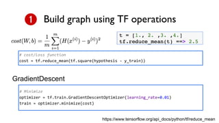 Build graph using TF operations
# Minimize
optimizer = tf.train.GradientDescentOptimizer(learning_rate=0.01)
train = optimizer.minimize(cost)
# cost/loss function
cost = tf.reduce_mean(tf.square(hypothesis - y_train))
GradientDescent
https://www.tensorflow.org/api_docs/python/tf/reduce_mean
 
