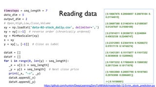 Reading data
timesteps = seq_length = 7
data_dim = 5
output_dim = 1
# Open,High,Low,Close,Volume
xy = np.loadtxt('data-02-stock_daily.csv', delimiter=',')
xy = xy[::-1] # reverse order (chronically ordered)
xy = MinMaxScaler(xy)
x = xy
y = xy[:, [-1]] # Close as label
dataX = []
dataY = []
for i in range(0, len(y) - seq_length):
_x = x[i:i + seq_length]
_y = y[i + seq_length] # Next close price
print(_x, "->", _y)
dataX.append(_x)
dataY.append(_y)
[ 0.18667876 0.20948057 0.20878184 0.
0.21744815]
[ 0.30697388 0.31463414 0.21899367
0.01247647 0.21698189]
[ 0.21914211 0.26390721 0.2246864
0.45632338 0.22496747]
[ 0.23312993 0.23641916 0.16268272
0.57017119 0.14744274]
[ 0.13431201 0.15175877 0.11617252
0.39380658 0.13289962]
[ 0.13973232 0.17060429 0.15860382
0.28173344 0.18171679]
[ 0.18933069 0.20057799 0.19187983
0.29783096 0.2086465 ]]
-> [ 0.14106001]
https://github.com/hunkim/DeepLearningZeroToAll/blob/master/lab-12-5-rnn_stock_prediction.py
 