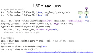 LSTM and Loss
# input placeholders
X = tf.placeholder(tf.float32, [None, seq_length, data_dim])
Y = tf.placeholder(tf.float32, [None, 1])
cell = tf.contrib.rnn.BasicLSTMCell(num_units=hidden_dim, state_is_tuple=True)
outputs, _states = tf.nn.dynamic_rnn(cell, X, dtype=tf.float32)
Y_pred = tf.contrib.layers.fully_connected(
outputs[:, -1], output_dim, activation_fn=None)
# We use the last cell's output
# cost/loss
loss = tf.reduce_sum(tf.square(Y_pred - Y)) # sum of the squares
# optimizer
optimizer = tf.train.AdamOptimizer(0.01)
train = optimizer.minimize(loss)
https://github.com/hunkim/DeepLearningZeroToAll/blob/master/lab-12-5-rnn_stock_prediction.py
 