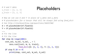 Placeholders
# X and Y data
x_train = [1, 2, 3]
y_train = [1, 2, 3]
# Now we can use X and Y in place of x_data and y_data
# # placeholders for a tensor that will be always fed using feed_dict
# See http://stackoverflow.com/questions/36693740/
X = tf.placeholder(tf.float32)
Y = tf.placeholder(tf.float32)
...
# Fit the line
# Fit the line
for step in range(2001):
cost_val, W_val, b_val, _ = 
sess.run([cost, W, b, train],
feed_dict={X: [1, 2, 3], Y: [1, 2, 3]})
if step % 20 == 0:
print(step, cost_val, W_val, b_val)
 