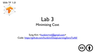 Lab 3
Minimizing Cost
With TF 1.0!
Sung Kim <hunkim+ml@gmail.com>
Code: https://github.com/hunkim/DeepLearningZeroToAll/
 