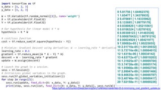 import tensorflow as tf
x_data = [1, 2, 3]
y_data = [1, 2, 3]
W = tf.Variable(tf.random_normal([1]), name='weight')
X = tf.placeholder(tf.float32)
Y = tf.placeholder(tf.float32)
# Our hypothesis for linear model X * W
hypothesis = X * W
# cost/loss function
cost = tf.reduce_sum(tf.square(hypothesis - Y))
# Minimize: Gradient Descent using derivative: W -= learning_rate * derivative
learning_rate = 0.1
gradient = tf.reduce_mean((W * X - Y) * X)
descent = W - learning_rate * gradient
update = W.assign(descent)
# Launch the graph in a session.
sess = tf.Session()
# Initializes global variables in the graph.
sess.run(tf.global_variables_initializer())
for step in range(21):
sess.run(update, feed_dict={X: x_data, Y: y_data})
print(step, sess.run(cost, feed_dict={X: x_data, Y: y_data}), sess.run(W))
https://github.com/hunkim/DeepLearningZeroToAll/blob/master/lab-03-2-minimizing_cost_gradient_update.py
0 5.81756 [ 1.64462376]
1 1.65477 [ 1.34379935]
2 0.470691 [ 1.18335962]
3 0.133885 [ 1.09779179]
4 0.0380829 [ 1.05215561]
5 0.0108324 [ 1.0278163]
6 0.00308123 [ 1.01483536]
7 0.000876432 [ 1.00791216]
8 0.00024929 [ 1.00421977]
9 7.09082e-05 [ 1.00225055]
10 2.01716e-05 [ 1.00120032]
11 5.73716e-06 [ 1.00064015]
12 1.6319e-06 [ 1.00034142]
13 4.63772e-07 [ 1.00018203]
14 1.31825e-07 [ 1.00009704]
15 3.74738e-08 [ 1.00005174]
16 1.05966e-08 [ 1.00002754]
17 2.99947e-09 [ 1.00001466]
18 8.66635e-10 [ 1.00000787]
19 2.40746e-10 [ 1.00000417]
20 7.02158e-11 [ 1.00000226]
 