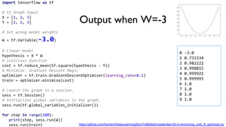 Output when W=-3
0 -3.0
1 0.733334
2 0.982222
3 0.998815
4 0.999921
5 0.999995
6 1.0
7 1.0
8 1.0
9 1.0
import tensorflow as tf
# tf Graph Input
X = [1, 2, 3]
Y = [1, 2, 3]
# Set wrong model weights
W = tf.Variable(-3.0)
# Linear model
hypothesis = X * W
# cost/loss function
cost = tf.reduce_mean(tf.square(hypothesis - Y))
# Minimize: Gradient Descent Magic
optimizer = tf.train.GradientDescentOptimizer(learning_rate=0.1)
train = optimizer.minimize(cost)
# Launch the graph in a session.
sess = tf.Session()
# Initializes global variables in the graph.
sess.run(tf.global_variables_initializer())
for step in range(100):
print(step, sess.run(W))
sess.run(train) https://github.com/hunkim/DeepLearningZeroToAll/blob/master/lab-03-3-minimizing_cost_tf_optimizer.py
 