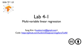 Lab 4-1
Multi-variable linear regression
With TF 1.0!
Sung Kim <hunkim+ml@gmail.com>
Code: https://github.com/hunkim/DeepLearningZeroToAll/
 
