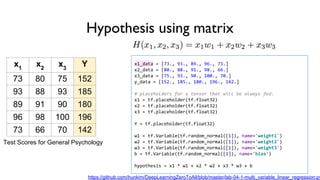 Hypothesis using matrix
x1
x2
x3
Y
73 80 75 152
93 88 93 185
89 91 90 180
96 98 100 196
73 66 70 142
Test Scores for General Psychology
x1_data = [73., 93., 89., 96., 73.]
x2_data = [80., 88., 91., 98., 66.]
x3_data = [75., 93., 90., 100., 70.]
y_data = [152., 185., 180., 196., 142.]
# placeholders for a tensor that will be always fed.
x1 = tf.placeholder(tf.float32)
x2 = tf.placeholder(tf.float32)
x3 = tf.placeholder(tf.float32)
Y = tf.placeholder(tf.float32)
w1 = tf.Variable(tf.random_normal([1]), name='weight1')
w2 = tf.Variable(tf.random_normal([1]), name='weight2')
w3 = tf.Variable(tf.random_normal([1]), name='weight3')
b = tf.Variable(tf.random_normal([1]), name='bias')
hypothesis = x1 * w1 + x2 * w2 + x3 * w3 + b
https://github.com/hunkim/DeepLearningZeroToAll/blob/master/lab-04-1-multi_variable_linear_regression.py
 