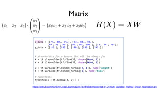 x_data = [[73., 80., 75.], [93., 88., 93.],
[89., 91., 90.], [96., 98., 100.], [73., 66., 70.]]
y_data = [[152.], [185.], [180.], [196.], [142.]]
# placeholders for a tensor that will be always fed.
X = tf.placeholder(tf.float32, shape=[None, 3])
Y = tf.placeholder(tf.float32, shape=[None, 1])
W = tf.Variable(tf.random_normal([3, 1]), name='weight')
b = tf.Variable(tf.random_normal([1]), name='bias')
# Hypothesis
hypothesis = tf.matmul(X, W) + b
https://github.com/hunkim/DeepLearningZeroToAll/blob/master/lab-04-2-multi_variable_matmul_linear_regression.py
Matrix
 